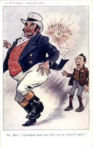 Künstler Ak Confound that boy, he's up to mischief again, Joseph Chamberlain, John Bull