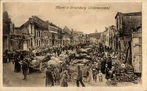 Ak Szczytno Ortelsburg Ostpreußen, Fuhrwerke, Kriegszerstörungen, Markt, I. WK