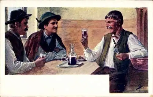 Künstler Ak Männer in Tracht, Wein