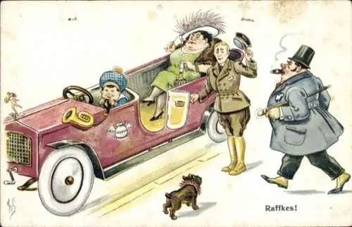 Künstler Ak Scheuermann, Willi, Raffkes, Eine feine Familie, Auto, Chauffeur