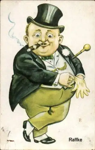 Künstler Ak Scheuermann, Willi, Raffke, Mann im Anzug mit Zigarre