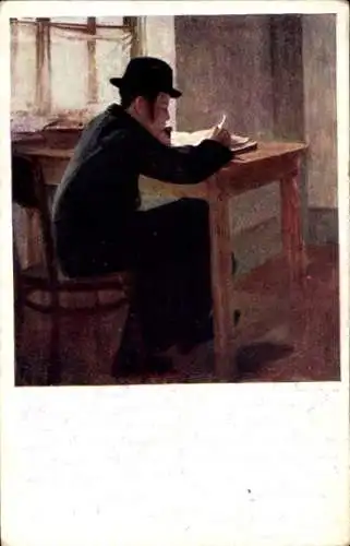 Judaika Künstler Ak Junger Mann am Küchentisch