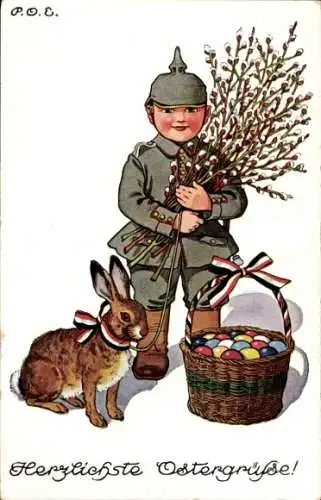 Künstler Ak Ostern, Junge in Uniform, Osterhase