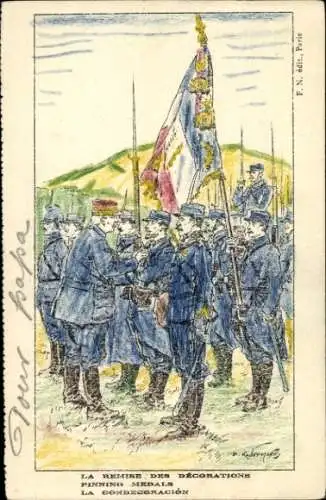 Künstler Ak Französische Soldaten in Uniformen, Auszeichnung, Standarte