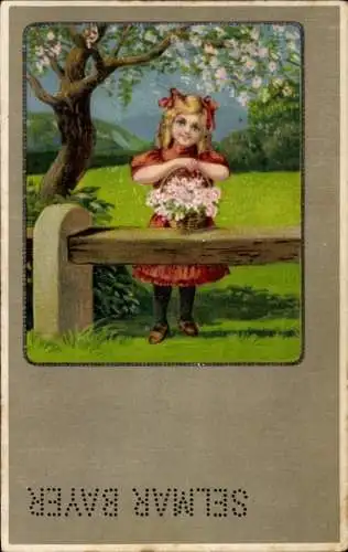 Präge Ak Mädchen in rotem Kleid, Blumenstrauß, Blühender Baum