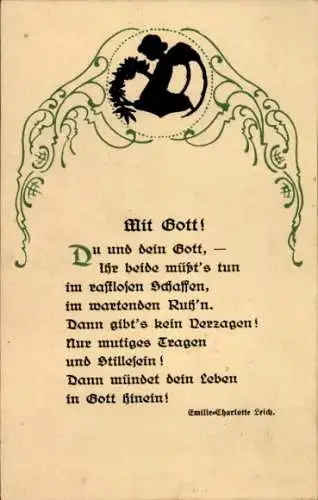 Scherenschnitt Ak Gedicht Emilie-Charlotte Leich Mit Gott, Du und dein Gott, ihr beide müsst es tun