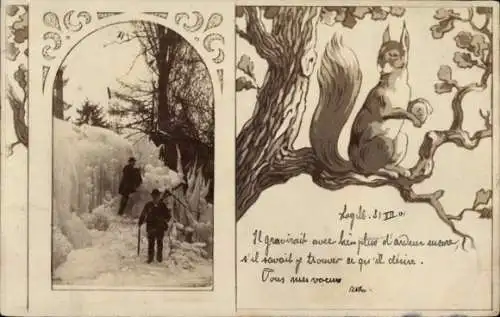 Jugendstil Ak zwei Herren im Schnee, Eichhörnchen