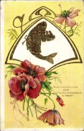 Jugendstil Ak Goldener Fisch, rote Blumen