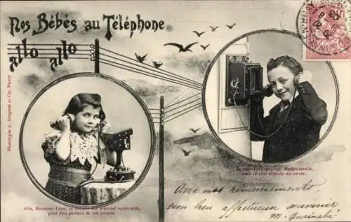 Ak Fotomontage, Mädchen und Junge beim miteinander telefonieren