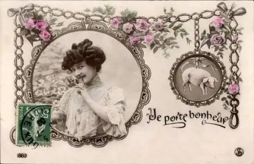 Passepartout Ak Frauenportrait, Glücksbringer Schwein