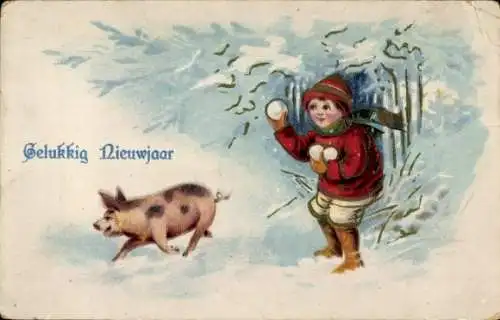 Litho Glückliches Neujahr, Schneeballschlacht, Kind, Schwein