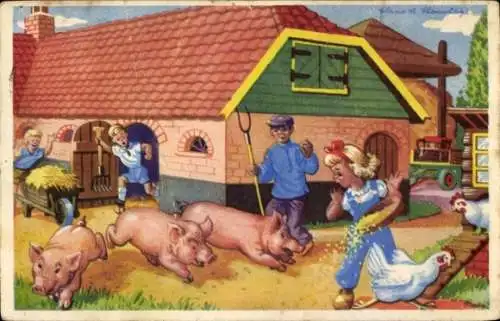 Künstler Ak Bauernhof, Schweine, Hühner