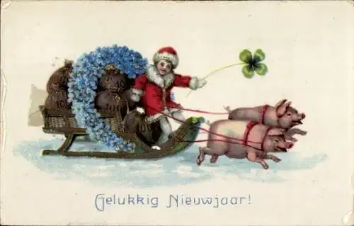 Ak Glückliches Neujahr, Schlitten, Schweine, Klee, Geldsäcke, Kind
