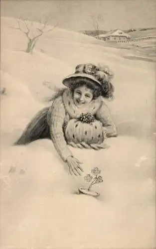 Ak Winterlandschaft, junge Frau, Klee