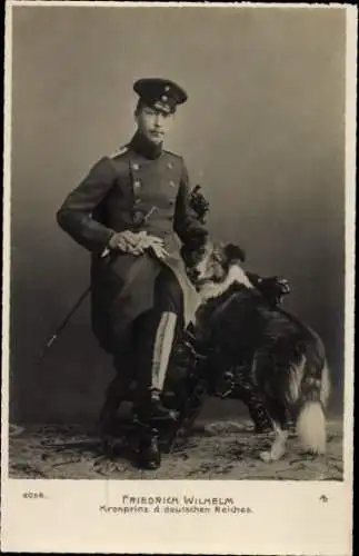 Ak Friedrich Wilhelm Kronprinz des Deutschen Reiches, Portrait in Uniform, Hund