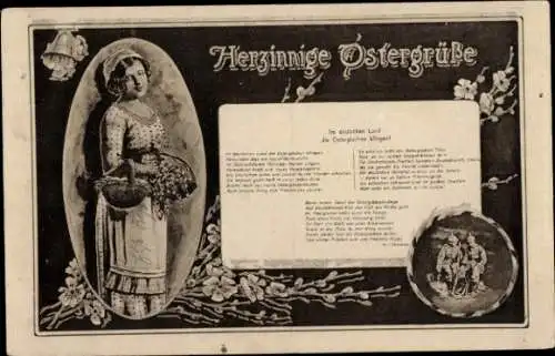 Ak Ostergrüße, Frau in Tracht, Soldaten