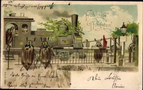 Litho Glückwunsch Pfingsten, Maikäfer, Eisenbahn, Bahnhof