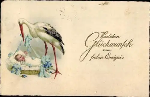 Ak Glückwunsch zur Geburt, Storch, Baby in einem Korb