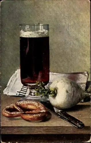 Künstler Ak Stillleben, Bierglas, Brezel