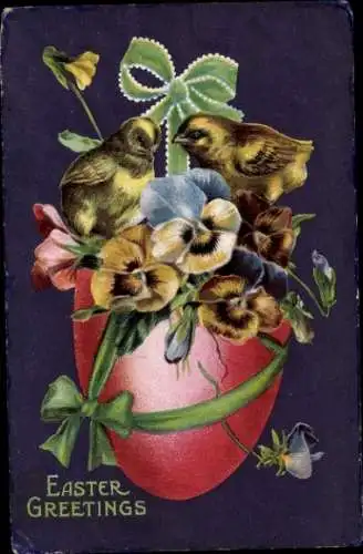 Präge Ak Frohe Ostern, Osterei, Küken, Stiefmütterchen