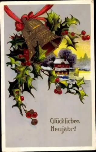 Ak Fröhliches Neujahr, Glocke, Stechpalmenzweige, verschneites Haus