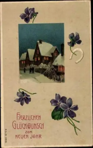 Präge Ak Glückwunsch Neujahr, Dorfidyll, Hufeisen