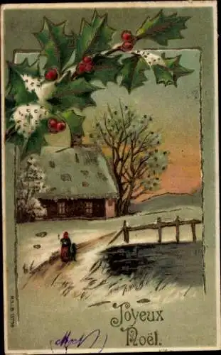 Ak Frohe Weihnachten, Dorfidyll, Stechpalme