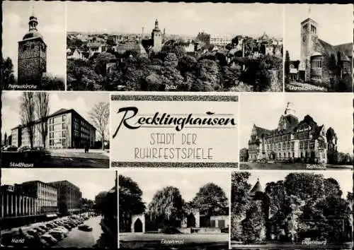 Ak Recklinghausen im Ruhrgebiet, Totale, Christuskirche, Rathaus, Stadthaus, Ehrenmal, Petrusksirche