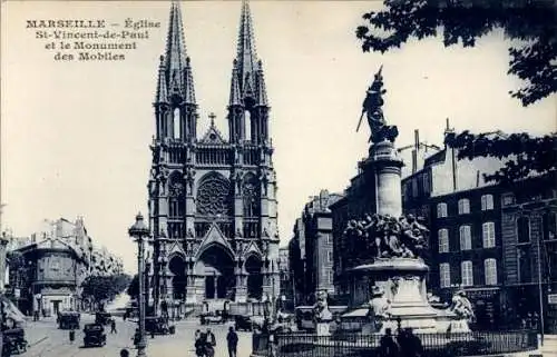 Ak Marseille Bouches du Rhône, Marseille - Kirche St-Vincent-de-Paul und das Monument des Mobiles