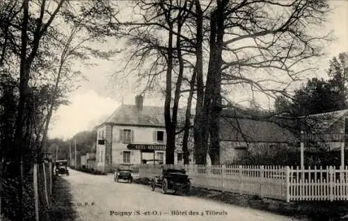 Ak Poigny Seine et Marne, HOTEL RESTAURA
CELU. P. P.
Poigny (S.-et-O.) - Hôtel des 4 Tilleuls