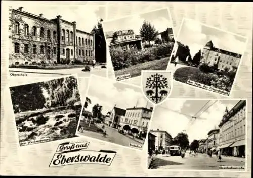 Ak Eberswalde in der Mark, Schulgebäude, Milchbar, Straßenszene, Gasthof, Straßenbahn