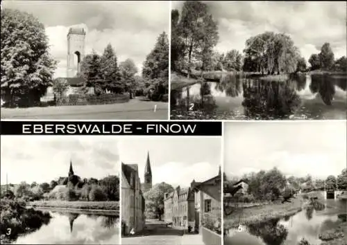 Ak Finow Eberswalde im Kreis Barnim, Wasserturm, Schwanenteich, Schleuse