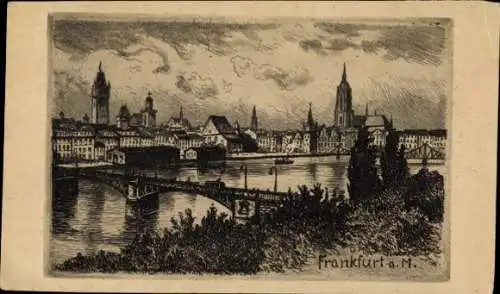 Ak Frankfurt am Main, Stich von  Mainufer mit Blick auf die Stadt