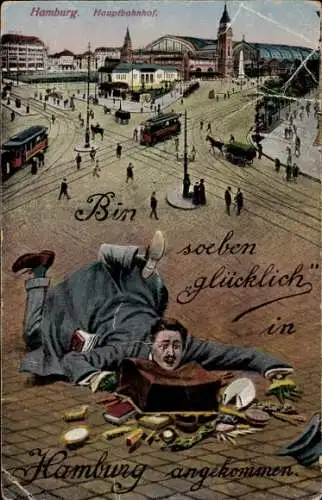 Ak Hamburg, Hauptbahnhof, Reisender m. Missgeschick, Humor, Straßenbahn