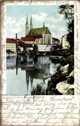 Ak Görlitz, Blick über ein Gewässer auf die Peterskirche, Häuser