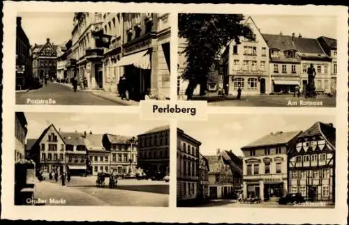 Ak Perleberg in der Prignitz, Poststraße, Rathaus, Großer Markt, Schuhmarkt