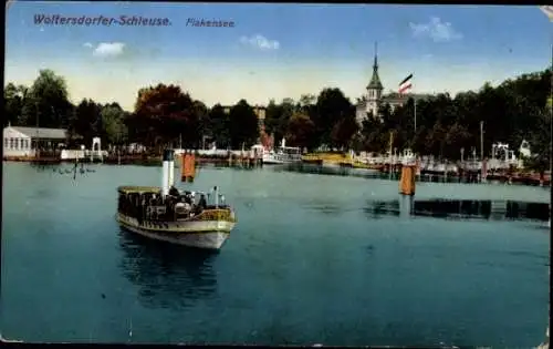 Ak Woltersdorf bei Berlin, Woltersdorfer Schleuse, Flakensee, Schiff