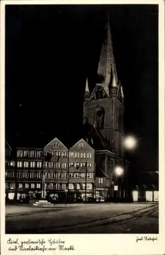 Ak Kiel, Nikolaikirche am Markt, Nacht