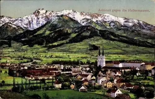 Ak Admont Steiermark, Gesamtansicht mit Bergpanorama, gegen die Hallermauern