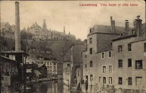 Ak Luxemburg Luxembourg, Stadtansicht mit Häusern, Wasserweg, Bergstadt im Hintergrund