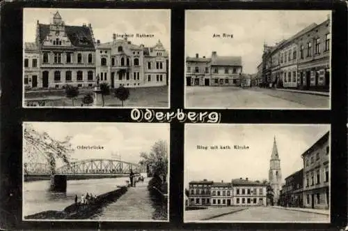 Ak Oderberg in der Mark, Verschiedene Ansichten von  Rathaus, Ring, katholische Kirche