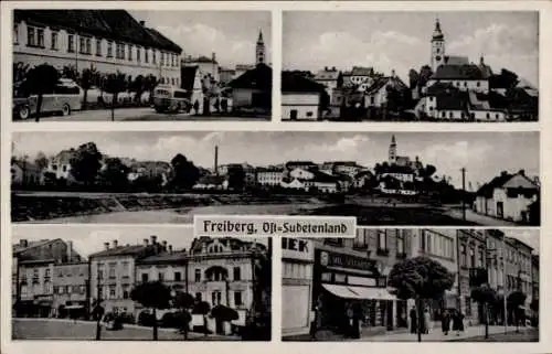 Ak Freiberg in Sachsen,  historische Stadtansicht, Autos, Gebäude, Kirchen, Bäume