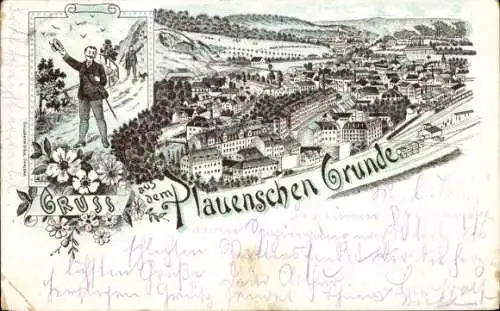 Litho Dresden Süd Plauen, Plauenscher Grund, Wanderer, Panorama vom Ort