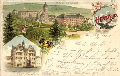 Ak Bad Hersfeld Hessen, Landschaft mit Stiftsruine, Kriegsschule, Gebäude, Blumen