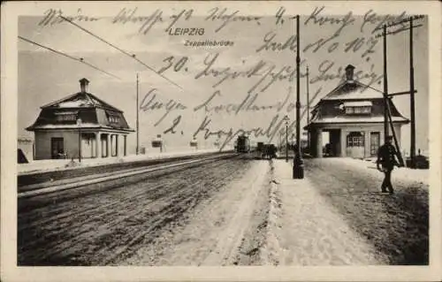 Ak Leipzig, Sächsisch Thüringische Ausstellung 1897, LEIPZIG, Zeppelinbrücke, winterliche Land...