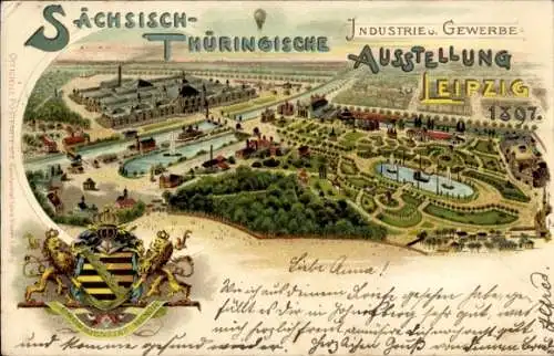 Wappen Litho Sächsisch Thüringische Industrie- und Gewerbe-Ausstellung Leipzig 1897