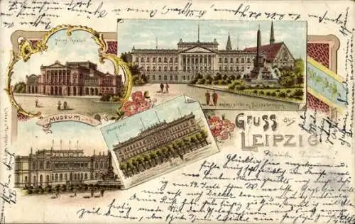 Ak Leipzig, Sächsisch Thüringische Ausstellung 1897, Neues Theater, Museum, Gruss aus Leipzig