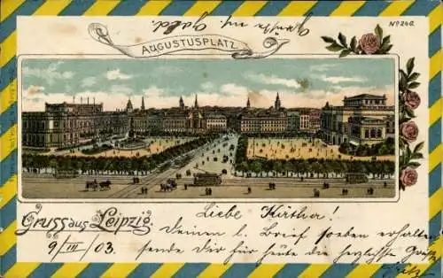 Litho Leipzig in Sachsen, Augustusplatz, Gewandhaus, Straßenbahn, Bruno Bürger Nr 240