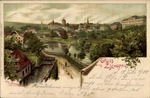 Künstler Litho Spindler, Erwin, Zschopau im Erzgebirge Sachsen, Flusspartie mit Blick auf die Stadt