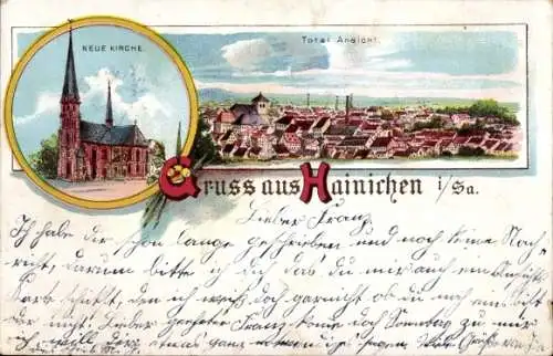 Litho Hainichen in Sachsen, Gesamtansicht, Neue Kirche